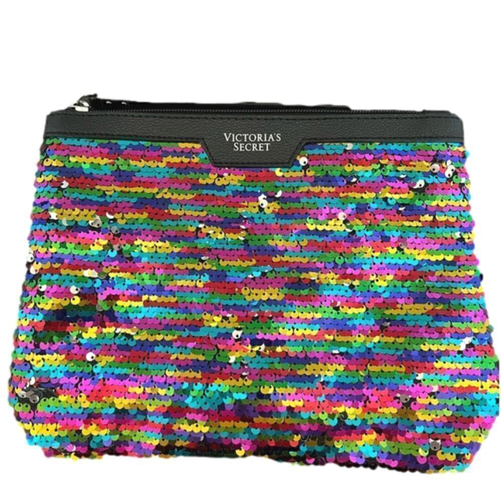 Victoria’s Secret Rainbow Sequin Clutch Makeup Bag Large Zip Cosmetic Pouch